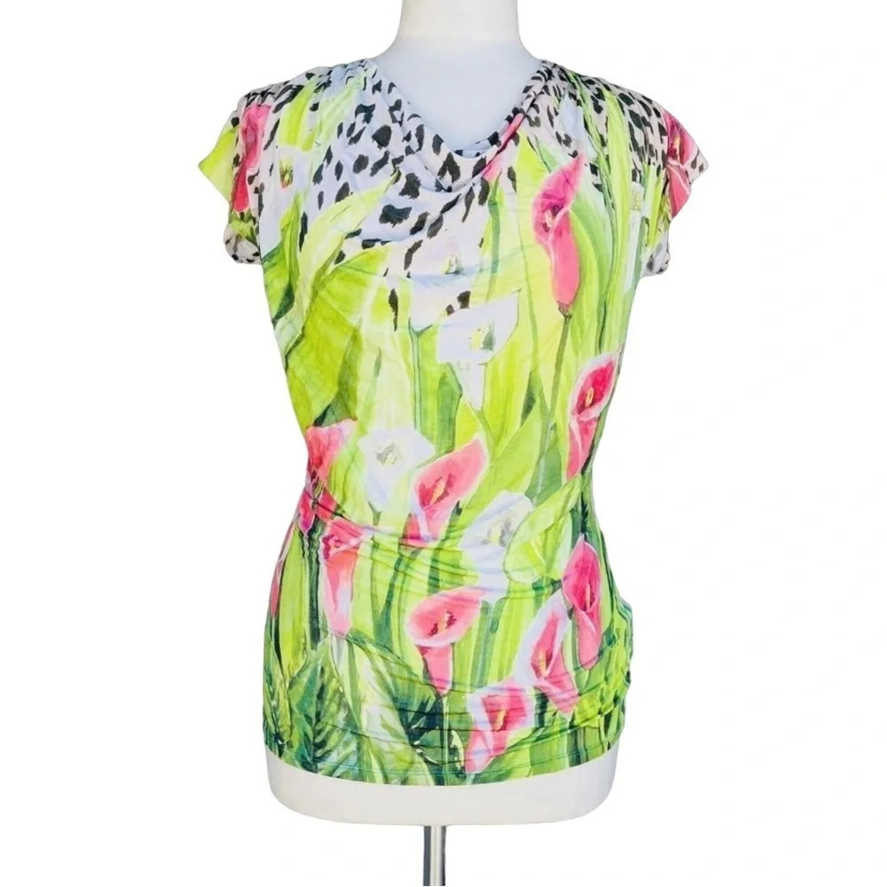 BLUGIRL BLUMARINE Women’s Size 42 US 6 Green Floral Cowl Neck Stretchy Top ITALY